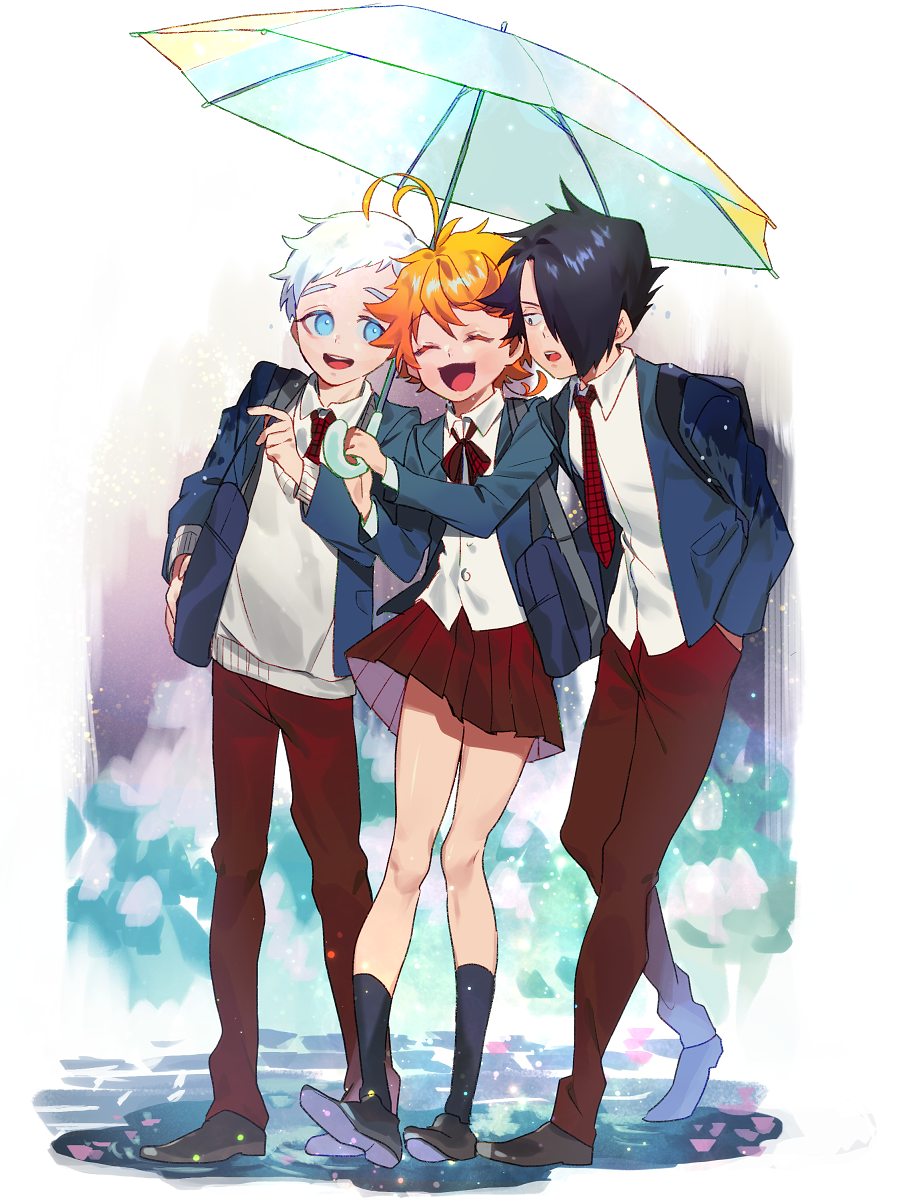 1girl 2boys ahoge aqua_eyes backpack bag black_eyes black_hair black_legwear blue_eyes blue_jacket brown_footwear checkered checkered_neckwear closed_eyes collared_shirt commentary_request emma_(yakusoku_no_neverland) eyebrows_visible_through_hair facing_viewer full_body hair_over_one_eye hands_in_pockets highres holding holding_umbrella jacket kneehighs long_sleeves looking_at_viewer multiple_boys neck_ribbon necktie norman_(yakusoku_no_neverland) open_mouth orange_hair oushimaru outdoors pants pointing puddle ray_(yakusoku_no_neverland) red_neckwear red_pants red_ribbon red_skirt ribbon school_uniform shirt shoes short_hair simple_background skirt smile talking thick_eyebrows umbrella uniform walking white_hair white_shirt yakusoku_no_neverland