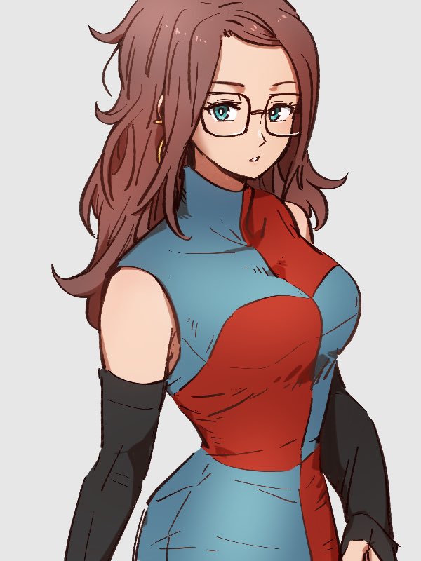 1girl android_21 blue_eyes breasts checkered checkered_dress detached_sleeves dragon_ball dragon_ball_fighterz dress earrings glasses grey_background hoop_earrings jewelry kemachiku long_hair looking_at_viewer medium_breasts redhead simple_background solo