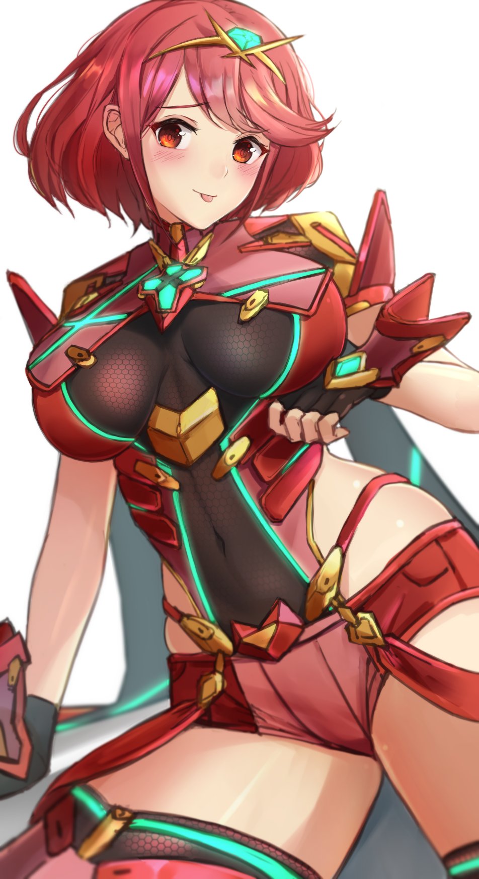 1girl :p bangs blush breasts closed_mouth covered_navel eyebrows_visible_through_hair fingerless_gloves gloves highleg highleg_leotard highres pyra_(xenoblade) honeycomb_(pattern) impossible_clothes impossible_leotard ippers large_breasts leotard looking_at_viewer multicolored multicolored_clothes multicolored_legwear neon_trim red_eyes red_legwear red_shorts redhead short_hair short_shorts shorts simple_background skin_tight smile solo swept_bangs thigh-highs tiara tongue tongue_out white_background wrist_guards xenoblade_(series) xenoblade_2