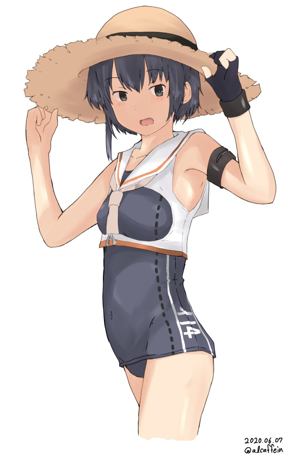 1girl alcaffein asymmetrical_hair black_gloves black_hair black_swimsuit brown_eyes brown_neckwear crop_top cropped_legs framed_breasts gloves hair_between_eyes hat highres i-14_(kantai_collection) kantai_collection looking_at_viewer neckerchief partly_fingerless_gloves sailor_collar school_swimsuit short_hair simple_background single_glove sleeveless solo straw_hat sun_hat swimsuit white_background white_sailor_collar