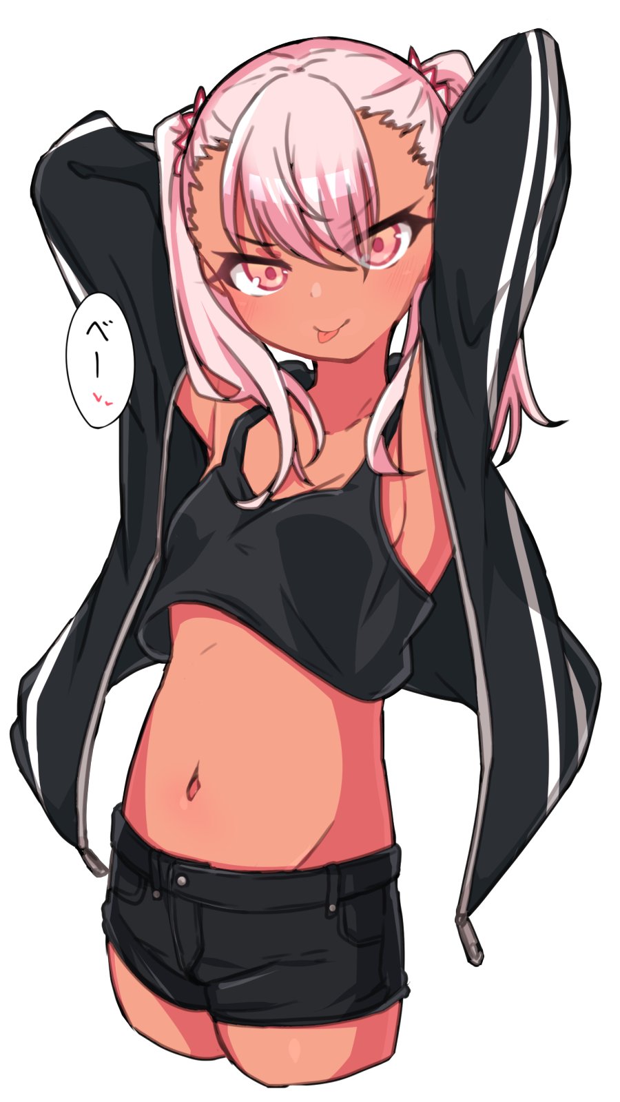 1girl armpits arms_behind_head arms_up bangs bare_shoulders black_jacket black_shorts black_tank_top blush breasts chawan_(yultutari) chloe_von_einzbern closed_mouth collarbone crop_top dark_skin fate/kaleid_liner_prisma_illya fate_(series) highres jacket long_hair looking_at_viewer midriff navel open_clothes open_jacket orange_eyes pink_hair revision shorts simple_background small_breasts smile speech_bubble tank_top thighs tongue tongue_out translation_request twintails white_background
