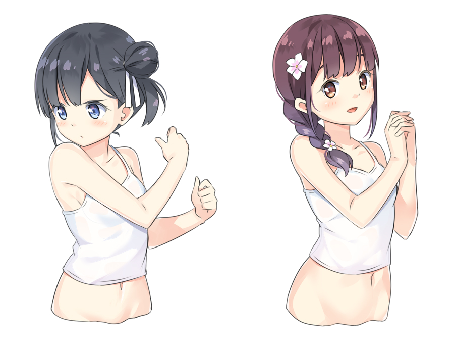 2girls bangs bare_arms bare_shoulders black_hair blue_eyes blush braid brown_eyes brown_hair camisole chinese_commentary closed_mouth collarbone commentary_request cropped_torso eyebrows_behind_hair flower hair_bun hair_flower hair_ornament hair_over_shoulder hands_up hatsunatsu interlocked_fingers looking_at_viewer multiple_girls navel original parted_lips side_bun simple_background single_braid smile underwear underwear_only upper_body white_background white_camisole white_flower