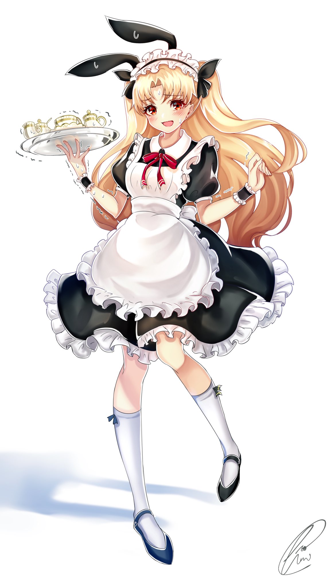 1girl alternate_costume animal_ears black_dress black_footwear blonde_hair blush chiachun0621 commentary_request curtsey dress enmaided ereshkigal_(fate/grand_order) fate/grand_order fate_(series) full_body highres long_hair long_sleeves looking_at_viewer maid maid_headdress open_mouth rabbit_ears red_eyes signature simple_background skirt_hold smile solo standing standing_on_one_leg tray two_side_up white_background
