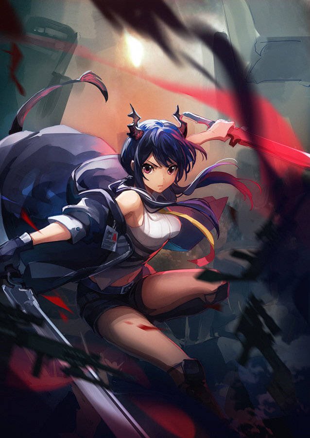 1girl action arknights black_gloves black_shorts blue_hair blue_jacket blurry breasts ch'en_(arknights) chinese_commentary closed_mouth collared_shirt cowboy_shot depth_of_field dragon_horns dragon_tail dual_wielding feng_you gloves gun holding holding_sword holding_weapon horns jacket knee_pads long_hair looking_at_viewer medium_breasts midriff name_tag navel necktie open_clothes open_jacket outdoors shin_guards shirt short_shorts shorts single_glove sleeveless sleeveless_shirt solo sword tail thighs twintails violet_eyes weapon white_shirt wing_collar yellow_neckwear