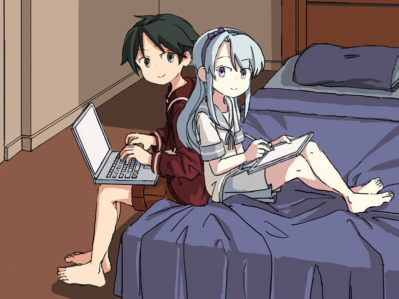 2girls adrian_ferrer asymmetrical_bangs back-to-back bangs barefoot bed black_hair brown_eyes brown_sailor_collar brown_serafuku brown_shorts commentary computer drawing_tablet english_commentary eromanga_sensei grey_sailor_collar grey_skirt hairband kantai_collection laptop long_hair long_sleeves looking_at_viewer mogami_(kantai_collection) multiple_girls namesake pleated_skirt purple_hairband sagiri_(kantai_collection) sailor_collar school_uniform serafuku short_hair short_sleeves shorts silver_hair skirt stylus swept_bangs violet_eyes