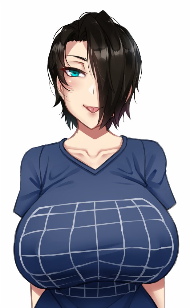 1girl :p aqua_eyes black_hair blue_shirt breasts collarbone commentary english_commentary hair_over_one_eye huge_breasts illusion_grid_t-shirt impossible_clothes impossible_shirt looking_at_viewer original saya_(twrlare) shirt short_hair short_sleeves simple_background solo tongue tongue_out twrlare upper_body white_background