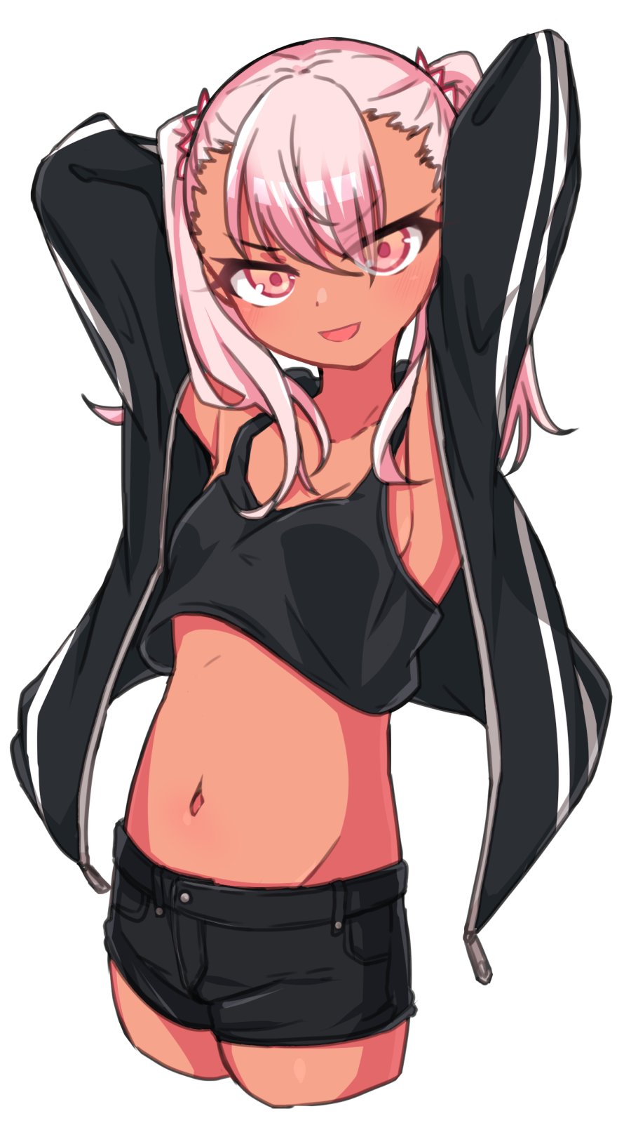 1girl armpits arms_behind_head arms_up bangs bare_shoulders black_jacket black_shorts black_tank_top blush breasts chawan_(yultutari) chloe_von_einzbern collarbone crop_top dark_skin fate/kaleid_liner_prisma_illya fate_(series) highres jacket long_hair looking_at_viewer midriff navel open_clothes open_jacket open_mouth orange_eyes pink_hair shorts simple_background small_breasts smile tank_top thighs twintails white_background