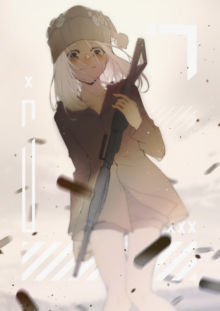 1girl blurry blush brown_eyes brown_jacket brown_shorts closed_mouth collarbone commentary_request facing_viewer gillian_(yakusoku_no_neverland) grey_headwear gun hair_between_eyes hat holding holding_gun holding_weapon jacket long_sleeves looking_at_viewer medium_hair no.18 shell_casing shorts simple_background smile solo standing weapon white_hair yakusoku_no_neverland