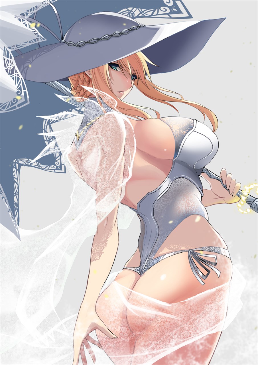 1girl artoria_pendragon_(all) artoria_pendragon_(swimsuit_ruler)_(fate) ass back bangs bare_shoulders blonde_hair braid breasts fate/grand_order fate_(series) french_braid green_eyes hat highleg highleg_swimsuit highres kawabata_yoshiro large_breasts long_hair looking_at_viewer looking_back one-piece_swimsuit parasol parted_lips sheer_clothes sidelocks sky sun_hat swimsuit thighs umbrella white_headwear white_swimsuit