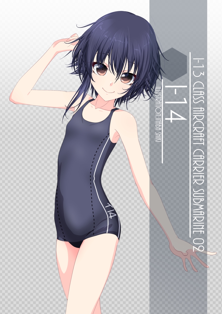 1girl artist_name asymmetrical_hair black_hair black_school_swimsuit black_swimsuit brown_eyes character_name checkered checkered_background commentary_request cowboy_shot gradient gradient_background grey_background hair_between_eyes highres i-14_(kantai_collection) inaba_shiki kantai_collection school_swimsuit short_hair smile solo swimsuit