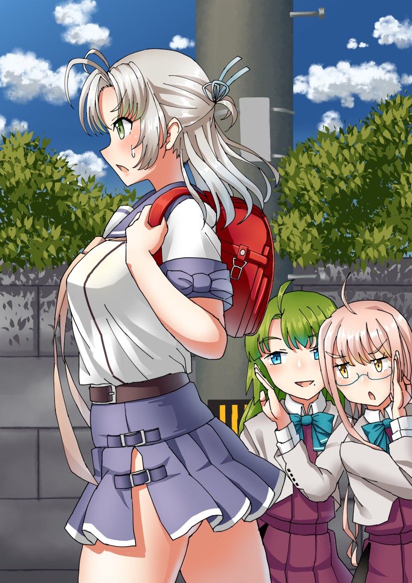 backpack bag blue_eyes bow bush glasses green_eyes green_hair grey_hair kantai_collection kinugasa_(kantai_collection) makigumo_(kantai_collection) mayura2002 mole pink_hair sweatdrop tied_hair wall yellow_eyes yuugumo_(kantai_collection)