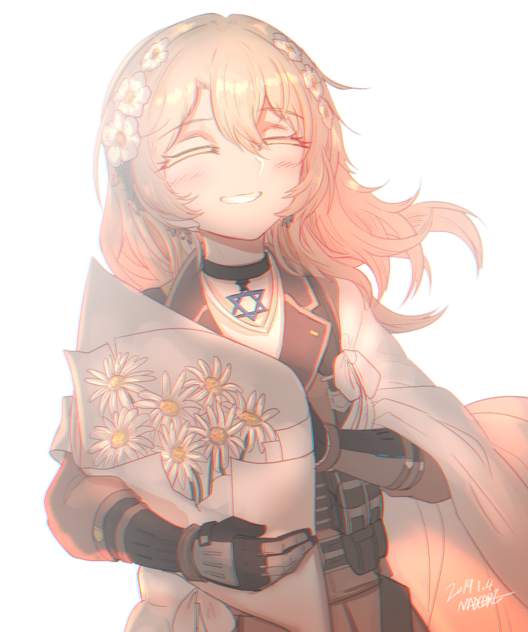 1girl bangs black_gloves blonde_hair blush cape choker flower girls_frontline gloves hair_between_eyes hair_flower hair_ornament hairband hexagram holding long_hair madcore sidelocks solo star_of_david x95_(girls_frontline)