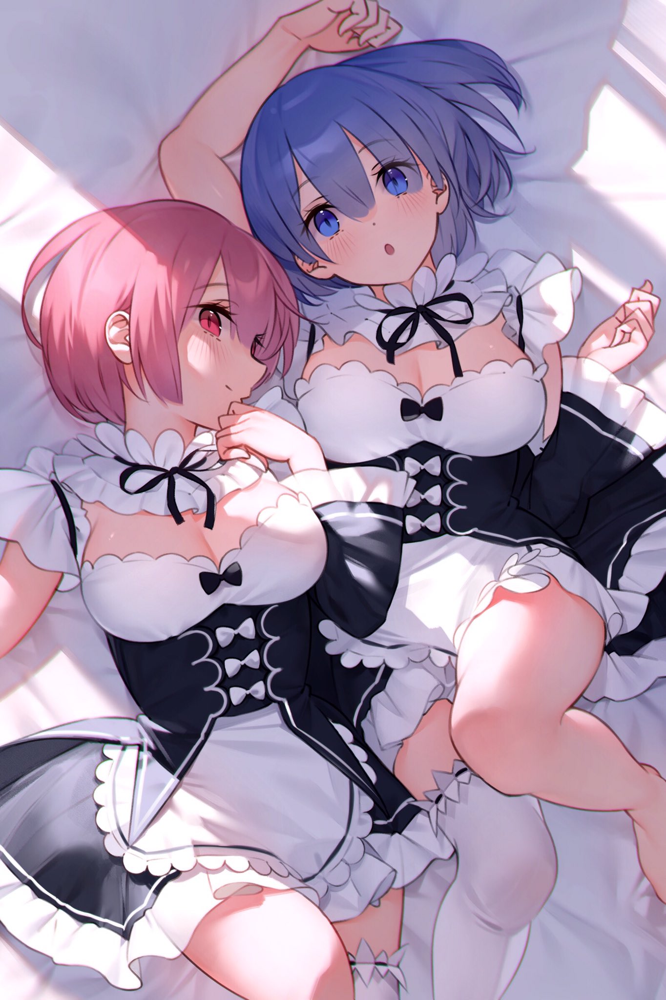 2girls :o apron bangs black_ribbon blue_eyes blue_hair blush breasts commentary_request detached_sleeves eyebrows_visible_through_hair frills hair_ornament hair_over_one_eye highres large_breasts long_sleeves looking_at_viewer maid maid_apron maid_dress multiple_girls pink_eyes pink_hair ram_(re:zero) re:zero_kara_hajimeru_isekai_seikatsu rem_(re:zero) ribbon short_hair siblings single_thighhigh sisters smile thigh-highs to_gemichi twins white_legwear