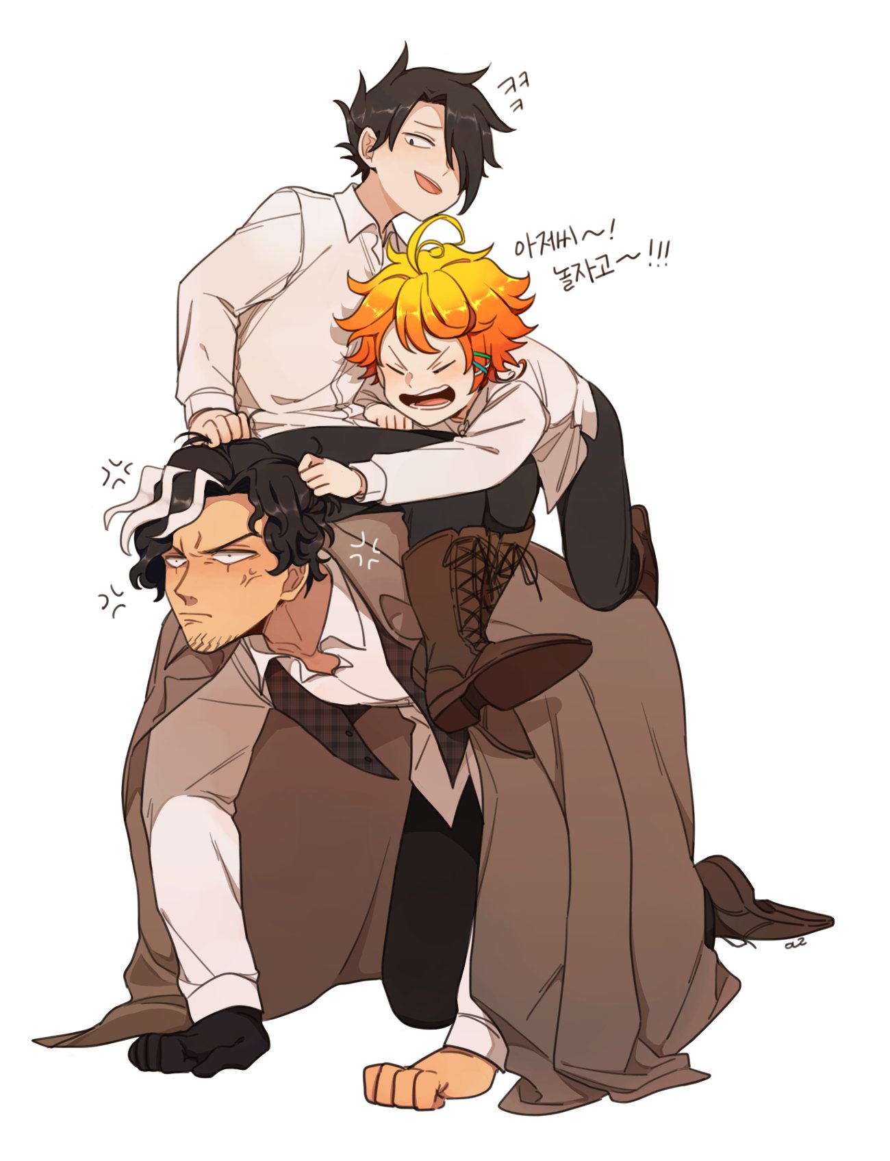 1girl 2boys ahoge angry bangs beard black_eyes black_gloves black_hair black_pants blush boots brown_coat brown_footwear checkered checkered_vest closed_eyes closed_mouth coat collar collarbone collared_shirt commentary_request emma_(yakusoku_no_neverland) facial_hair full_body gloves hair_over_one_eye highres holding holding_another's_arm holding_hair hq_khetc long_sleeves looking_at_another looking_away multicolored_hair multiple_boys open_clothes open_mouth orange_hair pants ray_(yakusoku_no_neverland) shirt shoelaces shoes short_hair simple_background single_glove sitting sitting_on_person smile teeth translation_request two-tone_hair vest white_background white_hair white_shirt yakusoku_no_neverland yuugo_(yakusoku_no_neverland)