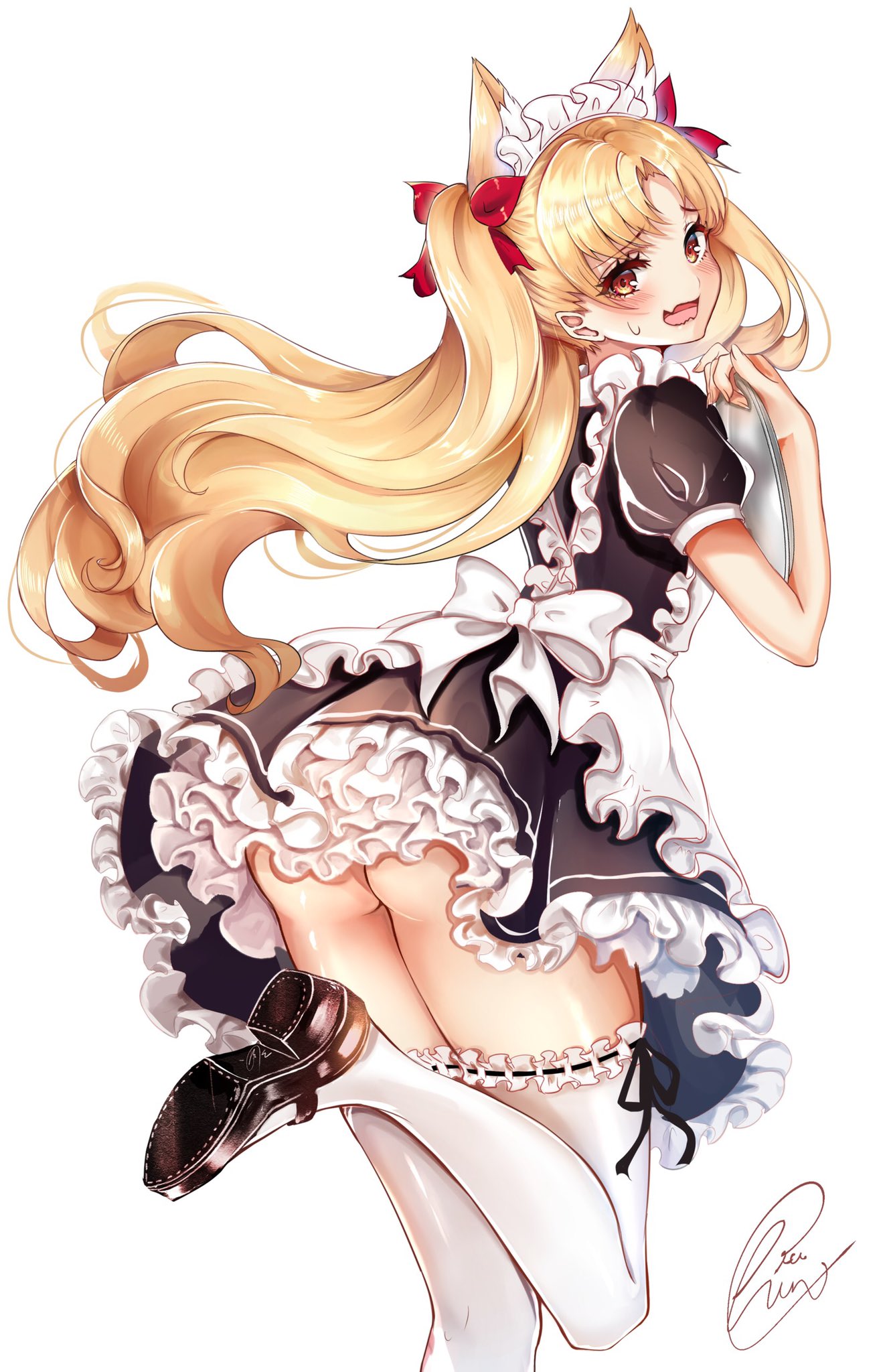 1girl alternate_costume animal_ears ass black_dress black_footwear blonde_hair blush cat_ears chiachun0621 commentary_request curtsey dress enmaided ereshkigal_(fate/grand_order) fate/grand_order fate_(series) full_body highres long_hair long_sleeves looking_at_viewer looking_back maid maid_headdress open_mouth red_eyes signature simple_background skirt_hold smile solo standing standing_on_one_leg two_side_up white_background
