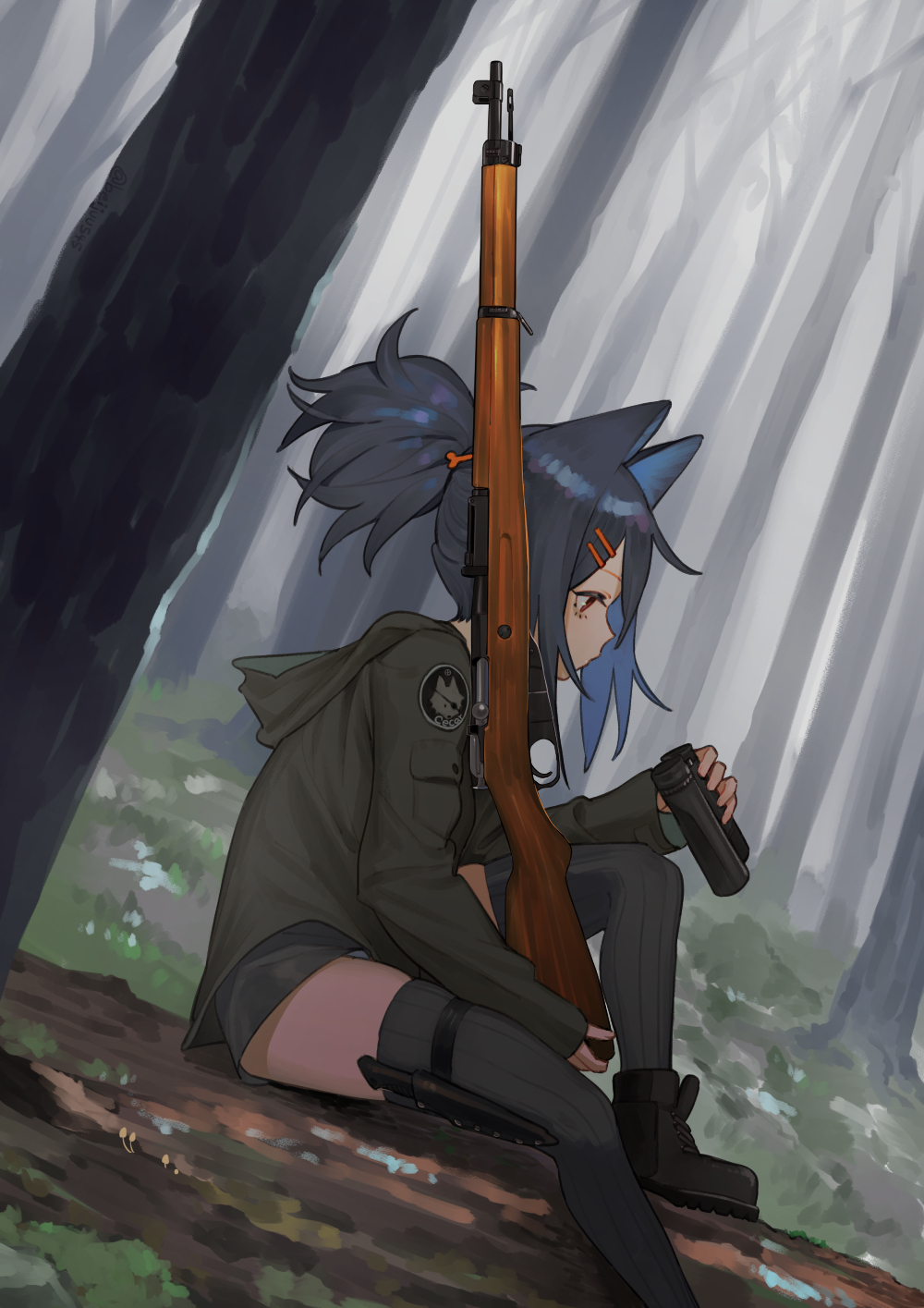 1girl animal_ears black_hair bolt_action boots brown_eyes cat_ears cat_girl forest gun hair_ornament hairclip highres holding holding_gun holding_weapon jacket juz knife medium_hair nature original outdoors ponytail rifle shorts sitting solo thigh-highs tree weapon