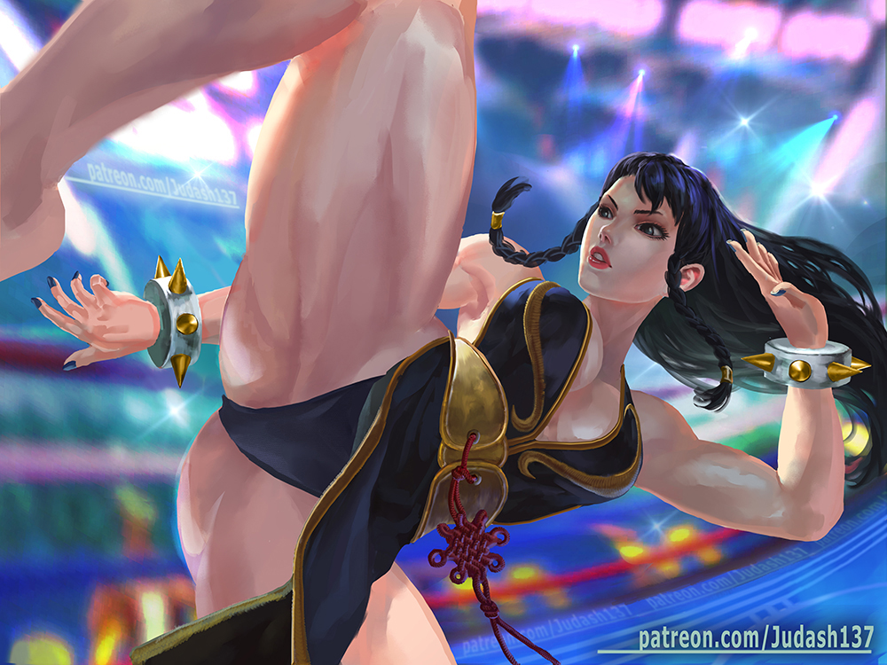1girl armpits ass black_hair bracelet breasts brown_legwear capcom china_dress chinese_clothes chun-li cleavage collarbone dress earrings fantasy fighting_stance jewelry judash137 kicking large_breasts long_hair looking_at_viewer open_mouth parted_lips pelvic_curtain puffy_sleeves sash short_hair side_slit solo spiked_bracelet spikes street_fighter thick_thighs thighs toned upskirt white_skin