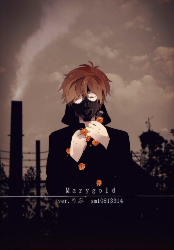 1boy bangs black_hoodie blurry brown_hair brown_sky clouds covered_mouth depth_of_field facing_viewer flower holding holding_flower hood hood_down long_sleeves male_focus marygold_(vocaloid) mask niconico orange_flower power_lines rib_(utaite) sky smoke smokestack solo song_name utaite_(singer) vocaloid yori_(y_rsy)