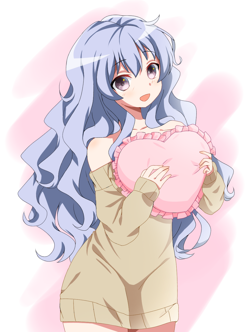 1girl artist_name beyblade beyblade:_burst blue_hair breasts chankyone character_name heart highres korean_text legs long_hair medium_breasts nishiro_nya open_eyes open_mouth pillow pillow_hug simple_background sweater violet_eyes