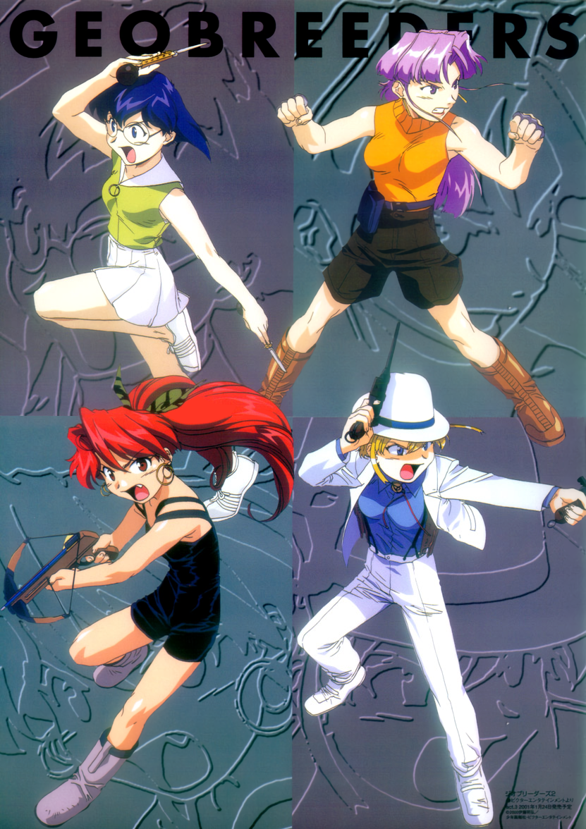 1990s_(style) 4girls arm_up blonde_hair blue_eyes blue_hair boots bow_(weapon) brass_knuckles clenched_hands copyright_name crossbow dual_wielding earrings eiko_rando fang fighting_stance geobreeders grin gun handgun holding holding_bow_(weapon) holding_gun holding_knife holding_weapon hoop_earrings jewelry kikushima_yuka knife leg_up long_hair maki_umezaki multiple_girls official_art open_mouth outstretched_arm pleated_skirt purple_hair red_eyes redhead rimless_eyewear round_eyewear sakuragi_takami shoes short_hair shorts skirt sleeveless smile sneakers suspenders twintails violet_eyes weapon white_skirt