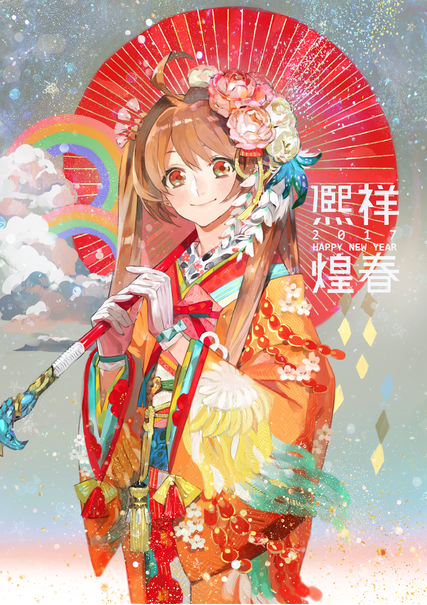 1girl 2017 ahoge alternate_costume brown_hair eiyuu_densetsu estelle_bright flower gloves hair_flower hair_intakes hair_ornament happy_new_year highres holding holding_umbrella japanese_clothes kanzashi kimono long_hair long_sleeves looking_at_viewer new_year nishihara_isao obi orange_kimono oriental_umbrella ribbon-trimmed_gloves ribbon_trim sash smile solo sora_no_kiseki twintails umbrella white_gloves wide_sleeves