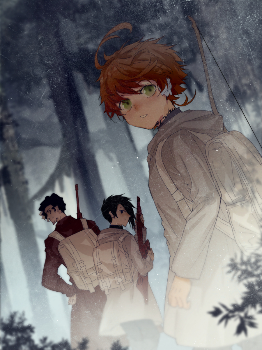 1girl 2boys ahoge backpack bag bandaid bandaid_on_ear bangs beard black_eyes black_hair blush bow_(weapon) brown_coat closed_mouth coat collar commentary_request emma_(yakusoku_no_neverland) facial_hair forest from_behind from_side green_eyes grey_coat gun hair_between_eyes hair_over_one_eye highres holding holding_gun holding_weapon hood hood_down light long_sleeves looking_at_viewer looking_back looking_to_the_side multicolored_hair multiple_boys nature neck_tattoo no.18 number_tattoo orange_hair outdoors over_shoulder pants parted_lips plant ray_(yakusoku_no_neverland) rifle short_hair smile standing tattoo tree two-tone_hair upper_body weapon weapon_over_shoulder white_backpack white_hair yakusoku_no_neverland yuugo_(yakusoku_no_neverland)