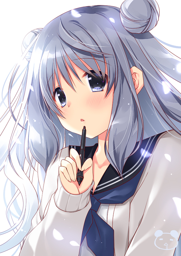 1girl blue_eyes blue_neckwear blush commentary_request double_bun eyebrows_visible_through_hair grey_hair hair_between_eyes holding holding_pen light_particles long_hair long_sleeves looking_at_viewer neckerchief open_mouth original pen ryuuga_shou sailor_collar school_uniform shiny shiny_hair shirt sidelocks simple_background solo uniform upper_body white_background white_cardigan white_shirt
