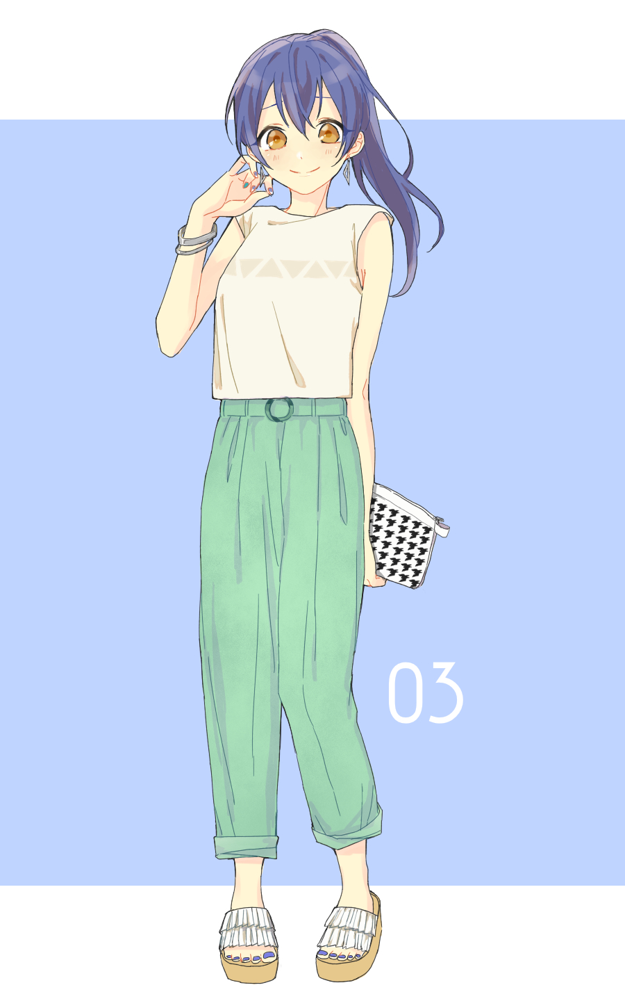 1girl azuma_(no488888) bag blue_background blue_hair blue_nails bracelet brown_eyes casual earrings facing_viewer green_pants highres holding holding_bag jewelry long_hair looking_at_viewer love_live! love_live!_school_idol_project nail_polish pants ponytail sandals shirt sleeveless sleeveless_shirt smile solo sonoda_umi white_shirt