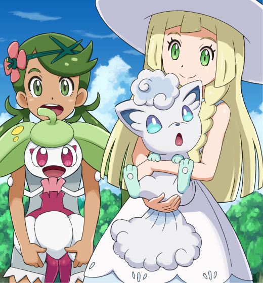 2girls :d alolan_form alolan_vulpix bangs blonde_hair braid clouds dark_skin day dress flower gen_7_pokemon green_eyes green_hair hair_flower hair_ornament happy hat holding holding_pokemon lillie_(pokemon) long_hair mallow_(pokemon) multiple_girls open_mouth pokemoa pokemon pokemon_(anime) pokemon_(creature) pokemon_sm_(anime) sky sleeveless sleeveless_dress smile standing steenee sun_hat swept_bangs teeth tongue tree twintails upper_teeth white_dress white_headwear