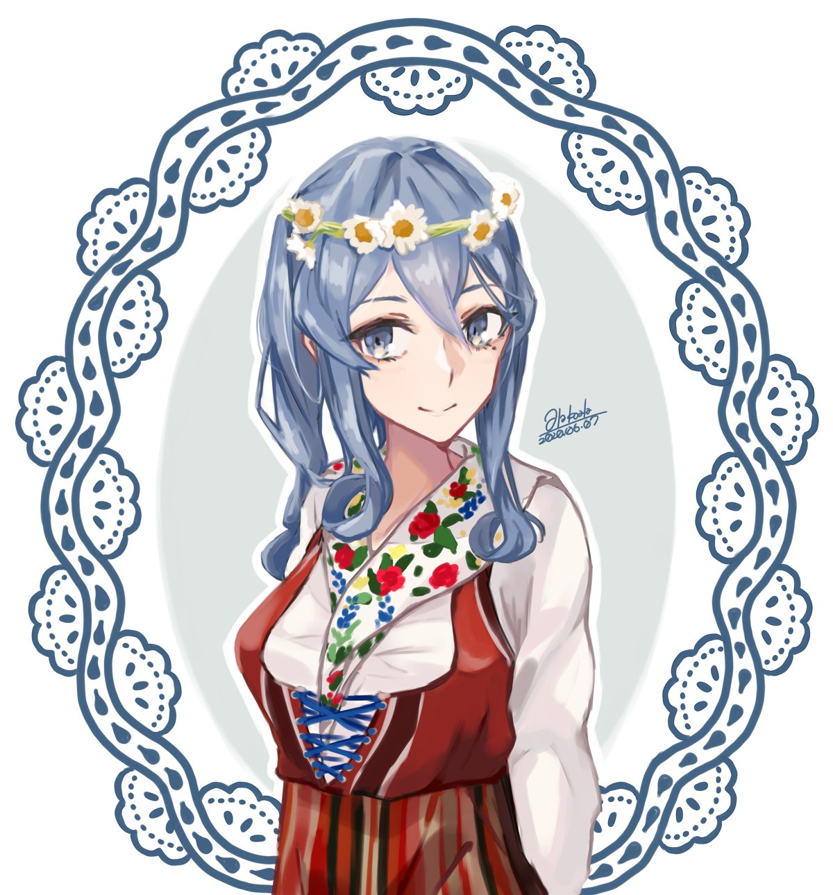 1girl alakoala blue_eyes blue_hair commentary_request cowboy_shot dated dress floral_print gotland_(kantai_collection) head_wreath highres kantai_collection long_hair long_sleeves mole mole_under_eye shirt signature solo swedish_clothes white_shirt