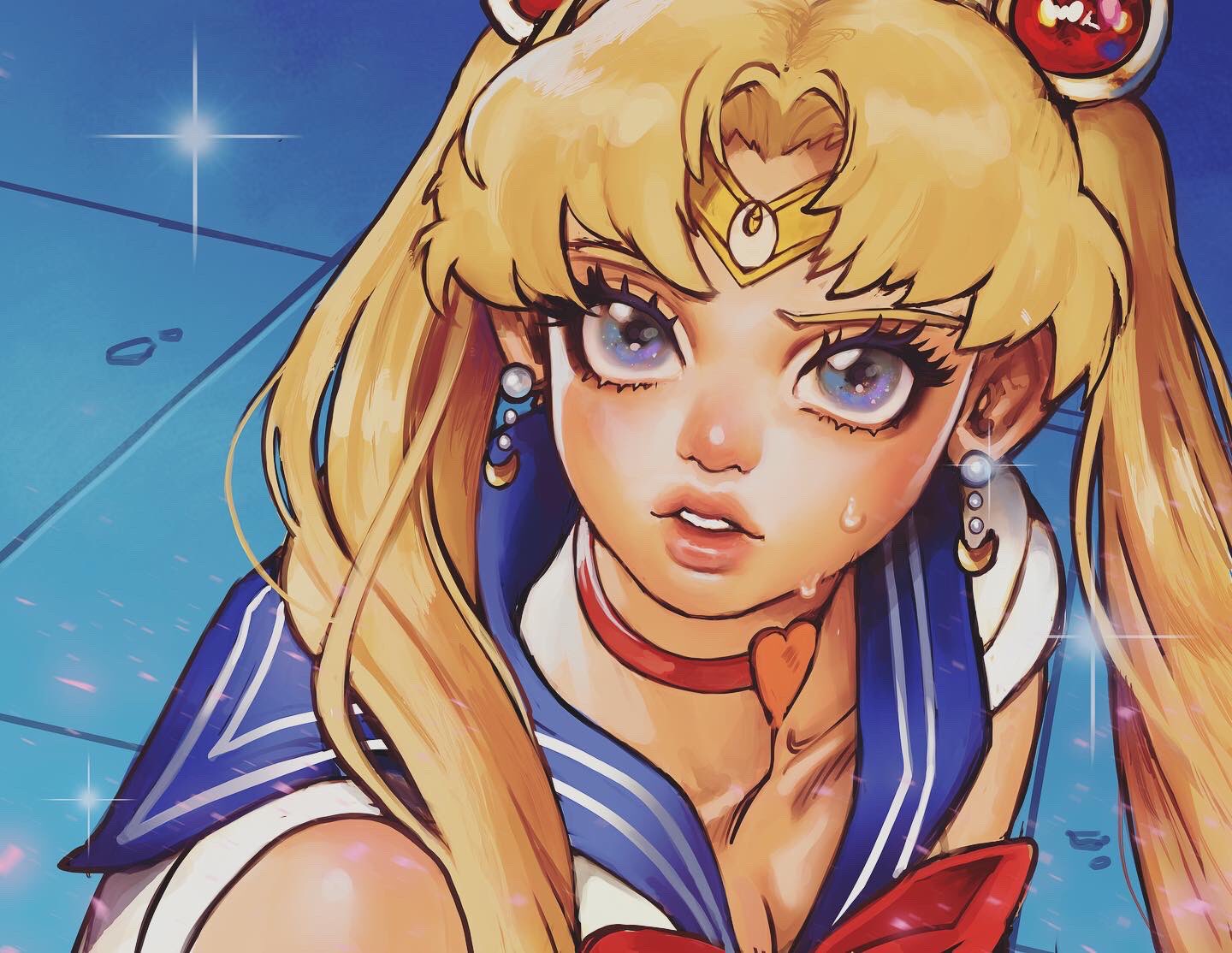 bangs bishoujo_senshi_sailor_moon blonde_hair blue_eyes blue_sailor_collar choker crescent crescent_earrings derivative_work diadem earrings hair_over_shoulder heart heart_choker jewelry kniiothedreamer long_hair looking_at_viewer parted_bangs parted_lips red_choker sailor_collar sailor_moon sailor_moon_redraw_challenge sailor_senshi_uniform screencap_redraw sparkle tsukino_usagi twintails upper_body