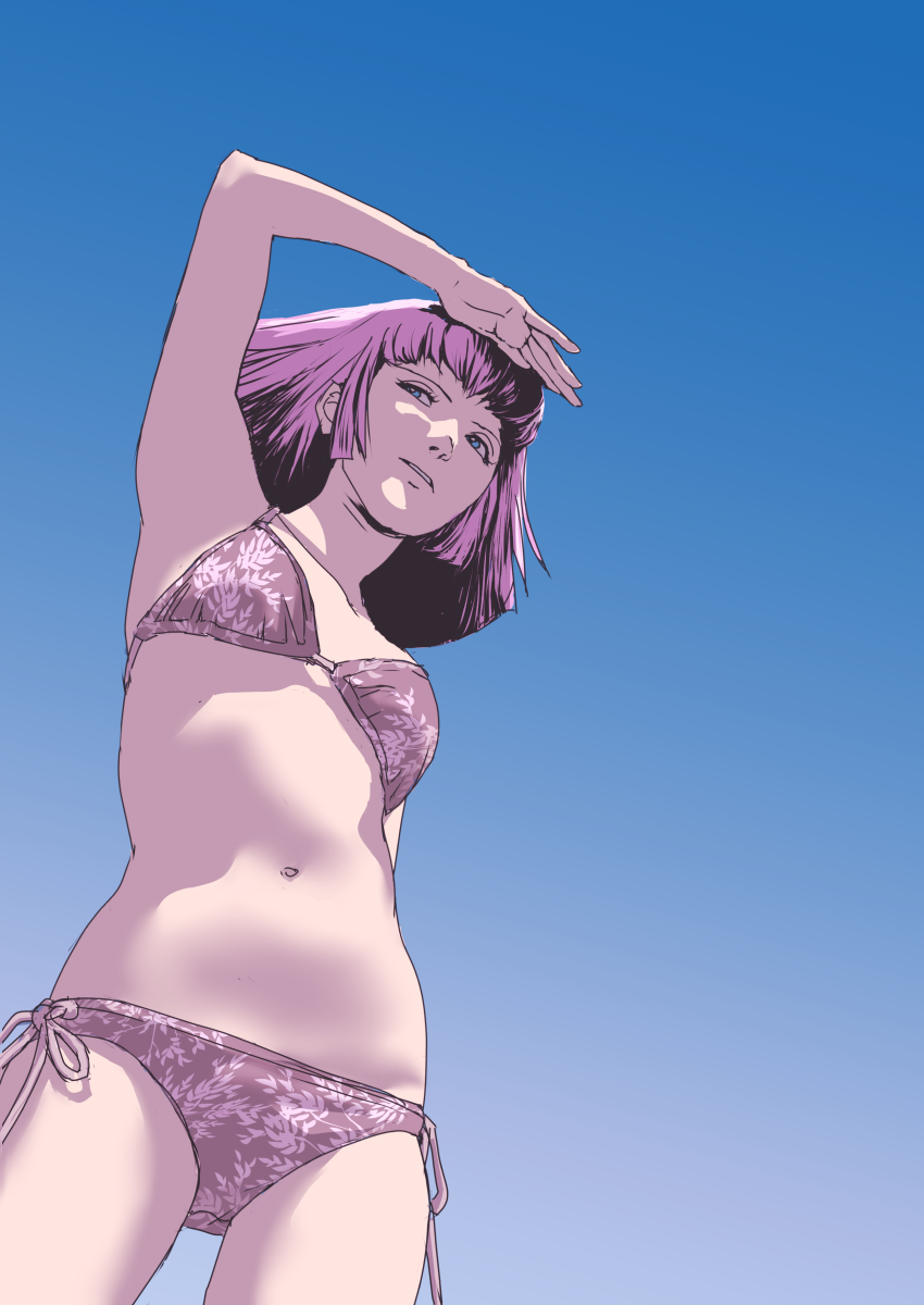 1girl alternate_costume bikini breasts gundam haman_karn highres navel pink_hair short_hair side-tie_bikini simple_background solo swimsuit teikoku_jokyoku zeta_gundam