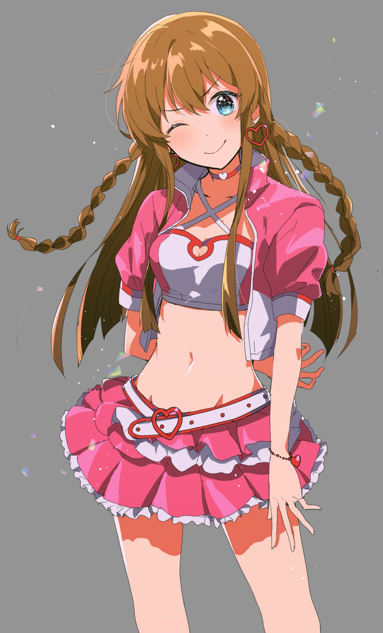1girl bangs belt blue_eyes blush braid breasts brown_hair choker cleavage_cutout closed_mouth cowboy_shot cropped_jacket earrings frilled_skirt frills grey_background halter_top halterneck heart heart_buckle heart_earrings highres idol_clothes idolmaster idolmaster_million_live! jacket jewelry kousaka_umi layered_skirt looking_at_viewer medium_breasts miniskirt navel one_eye_closed pink_jacket pink_skirt pleated_skirt red_choker short_sleeves simple_background skirt smile solo standing white_belt yoshisawa