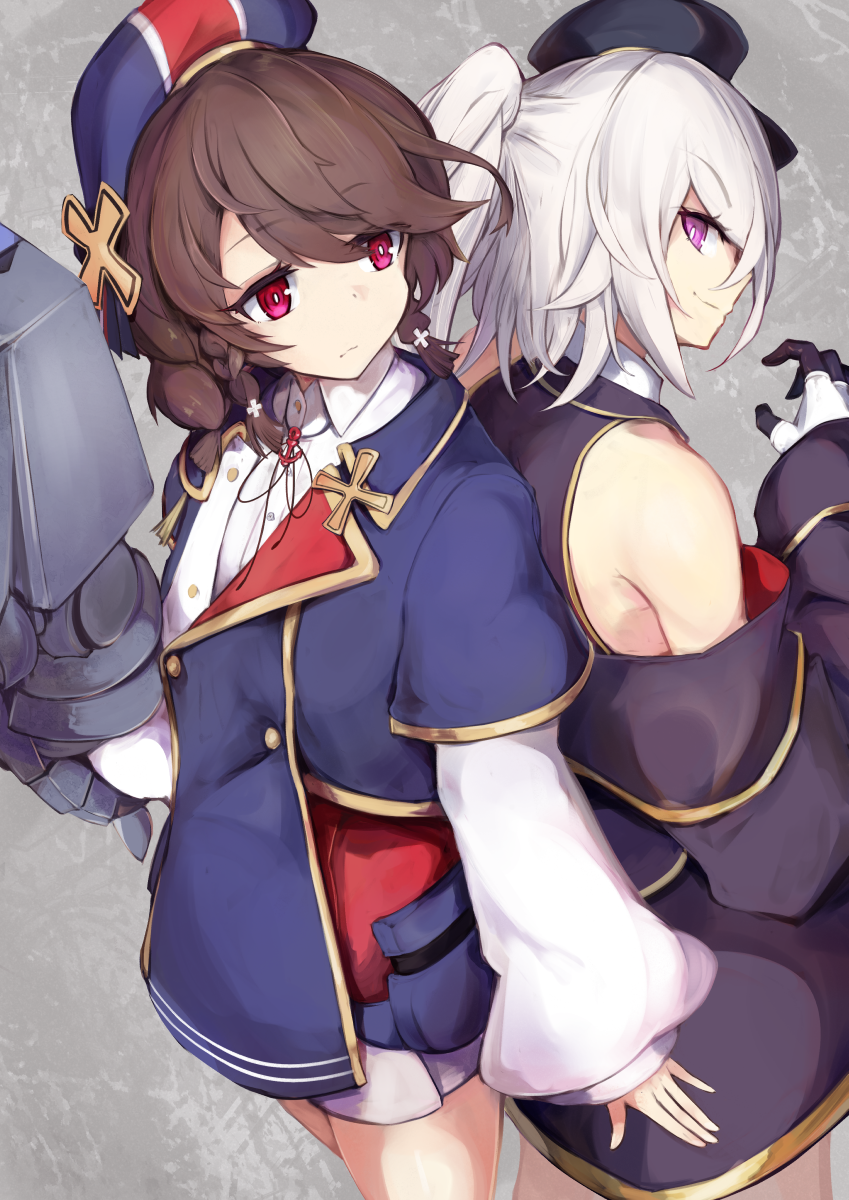 2girls azur_lane back-to-back bangs bare_shoulders beret black_jacket black_ribbon black_shirt blue_headwear blue_jacket braid brown_hair buttons closed_mouth collared_jacket commentary_request cowboy_shot eyebrows_visible_through_hair gloves grey_background hair_between_eyes hand_up hat highres holding holding_turret iron_cross jacket long_sleeves looking_at_another looking_to_the_side marshall_k multiple_girls neck_ribbon off-shoulder_jacket one_side_up ponytail red_eyes retrofit_(azur_lane) ribbon shirt short_braid short_hair sidelocks simple_background sleeveless sleeveless_shirt smile standing striped striped_headwear swept_bangs turret twin_braids two-tone_gloves violet_eyes white_gloves white_hair white_shirt z1_leberecht_maass_(azur_lane) z2_georg_thiele_(azur_lane)
