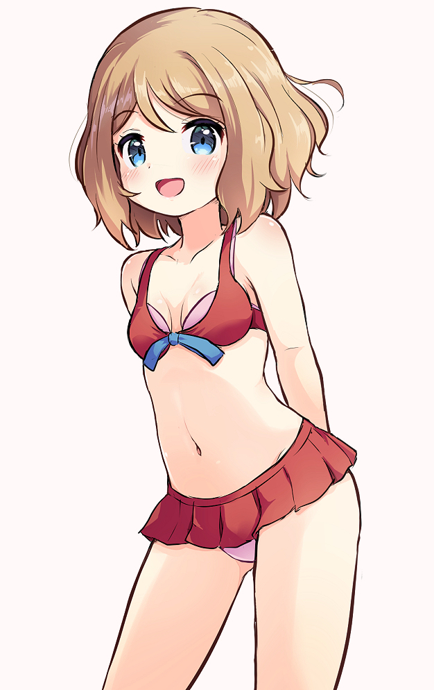 1girl :d arms_behind_back bangs bare_arms bare_shoulders bikini blue_eyes blush breasts brown_background brown_hair collarbone eyebrows_visible_through_hair female layered_bikini navel nekono_rin open_mouth pink_bikini pokemon pokemon_(game) pokemon_xy red_bikini serena_(pokemon) simple_background small_breasts smile solo swimsuit