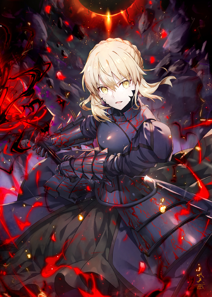 1girl armor armored_dress artoria_pendragon_(all) bangs blonde_hair blue_armor blue_dress braid breastplate dark_excalibur dress eyebrows_visible_through_hair fate/stay_night fate_(series) gabiran gauntlets hair_between_eyes holding holding_weapon holy_grail_(fate) long_sleeves looking_at_viewer open_mouth saber_alter short_hair solo sword weapon yellow_eyes