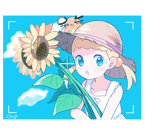 1girl :o blonde_hair blue_eyes blue_sky blush border clouds cloudy_sky commentary_request dedenne dress eureka_(pokemon) flower gen_6_pokemon hair_bobbles hair_ornament hat looking_at_viewer mei_(maysroom) on_head pokemon pokemon_(anime) pokemon_(creature) pokemon_on_head pokemon_xy_(anime) ribbon short_twintails signature sky sleeveless sleeveless_dress straw_hat sundress sunflower sweat twintails upper_body viewfinder white_border white_dress