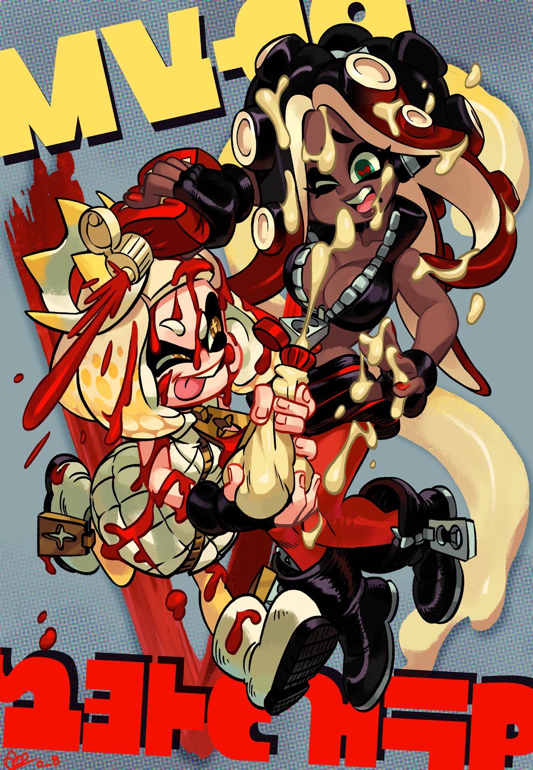 +_+ 2girls :p alex_ahad black_hair blonde_hair breasts brown_eyes cephalopod_eyes collared_vest commentary cropped_vest crown dark_skin english_commentary height_difference highres hime_(splatoon) iida_(splatoon) ketchup ketchup_bottle lips mayonnaise medium_breasts mole mole_under_mouth multicolored_hair multiple_girls nail_polish octarian one_eye_closed partially_unzipped pink_pupils red_nails redhead short_hair splatoon_(series) splatoon_2 squirt_bottle squirting suction_cups suggestive_fluid tentacle_hair tongue tongue_out two-tone_hair vest zipper_pull_tab