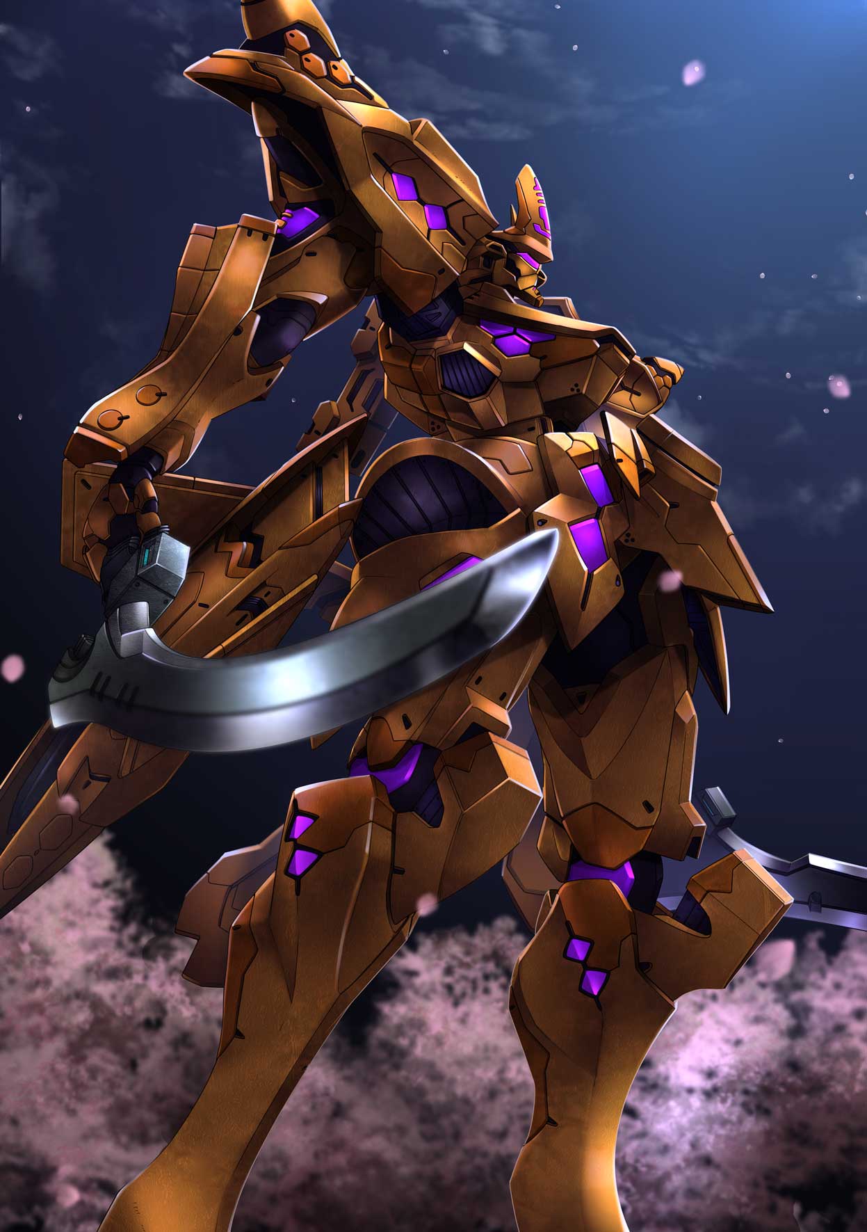 aiyat_@_maotto cherry_blossoms from_below highres holding holding_sword holding_weapon mecha muvluv muvluv_alternative muvluv_total_eclipse night no_humans robot solo standing sword takemikazuchi_(muvluv) visor weapon