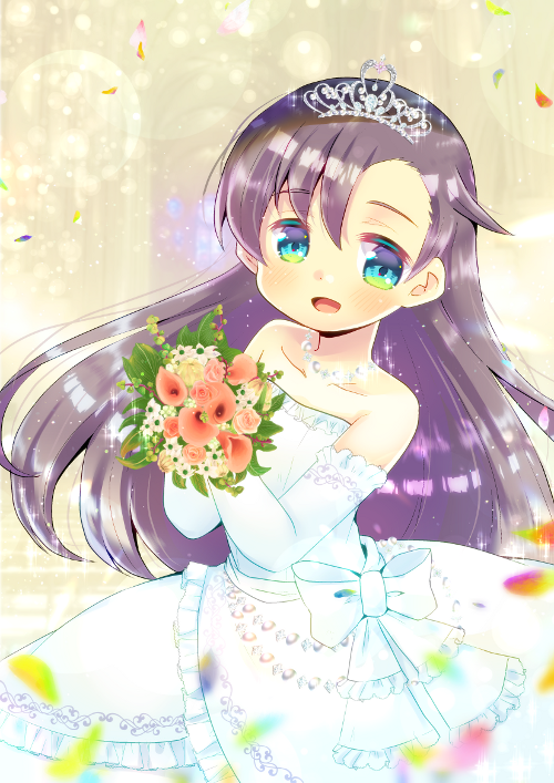 1girl :d asymmetrical_bangs bangs blush bouquet bow brown_hair commentary_request commission dress elbow_gloves eyebrows_visible_through_hair flower frilled_dress frilled_gloves frills gloves green_eyes hair_between_eyes holding holding_bouquet kouu_hiyoyo long_hair open_mouth original petals pink_flower smile solo strapless strapless_dress tiara very_long_hair wedding_dress white_bow white_dress white_flower white_gloves