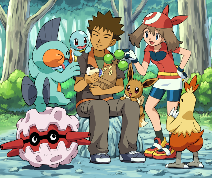 1boy 1girl bandana bike_shorts black_legwear blue_eyes bonsly bottle brown_hair closed_eyes combusken day eevee eyebrows_visible_through_hair feeding forretress gen_1_pokemon gen_2_pokemon gen_3_pokemon gen_4_pokemon gloves gym_leader hand_on_hip haruka_(pokemon) holding holding_bottle holding_pokemon marshtomp on_shoulder open_mouth outdoors poke_ball_print pokemoa pokemon pokemon_(anime) pokemon_(creature) pokemon_on_leg pokemon_on_shoulder pokemon_rse_(anime) red_bandana rock short_hair sitting sitting_on_rock smile socks squirtle standing starter_pokemon takeshi_(pokemon) tree two-tone_gloves