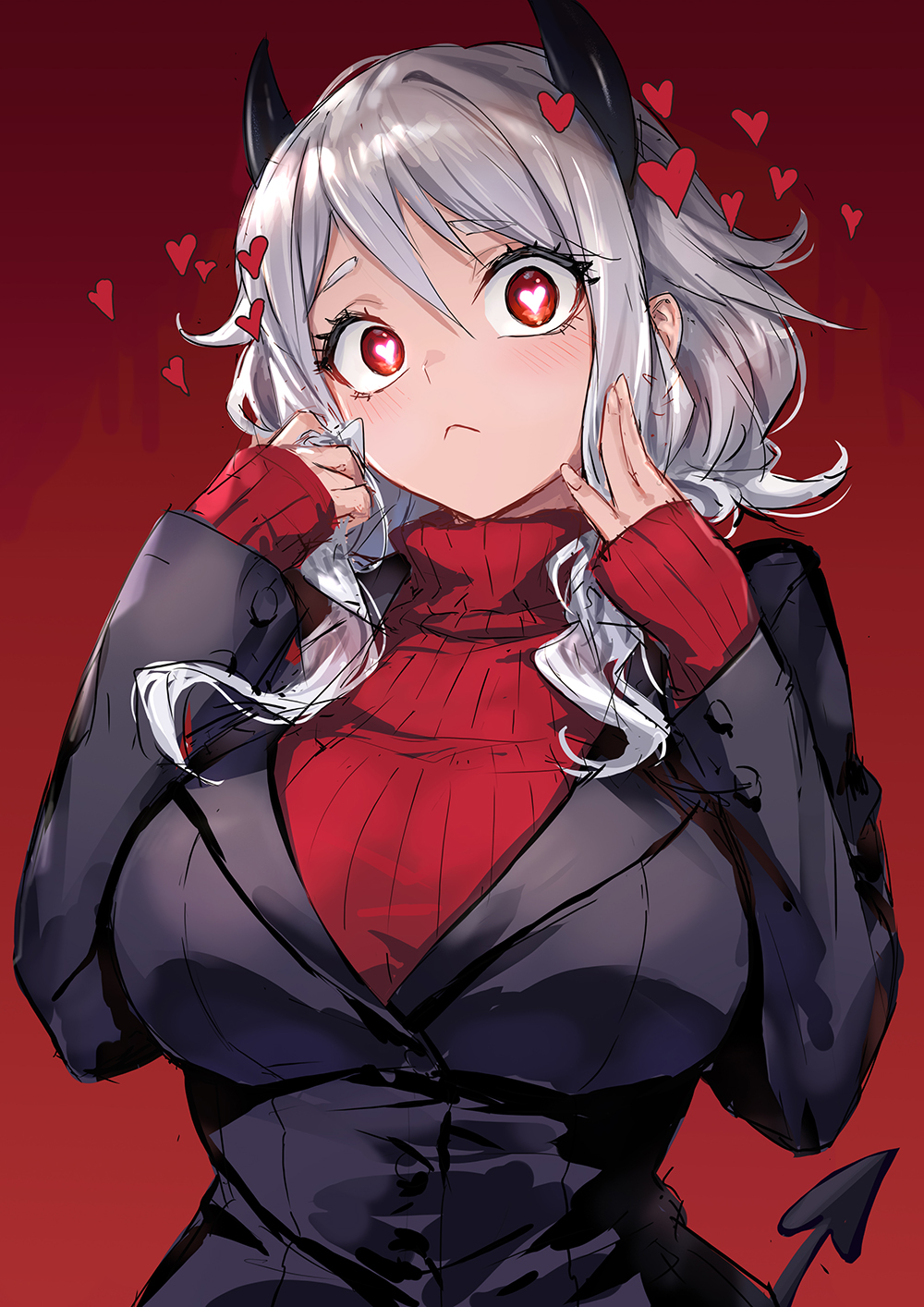 1girl black_horns black_suit blush breasts demon_girl demon_horns demon_tail guchico heart heart-shaped_pupils helltaker highres horns large_breasts long_sleeves looking_at_viewer modeus_(helltaker) red_eyes red_sweater ribbed_sweater shirt short_hair solo sweater symbol-shaped_pupils tail turtleneck white_hair