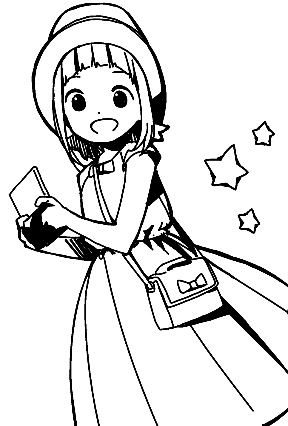 1girl :d bag bow commentary_request dot_nose dress feet_out_of_frame handheld_game_console hat high_contrast highres holding holding_handheld_game_console katsuwo_(cr66g) kise_sacchan looking_at_viewer medium_hair mitsuboshi_colors monochrome open_mouth shoulder_bag smile solo star_(symbol) white_background
