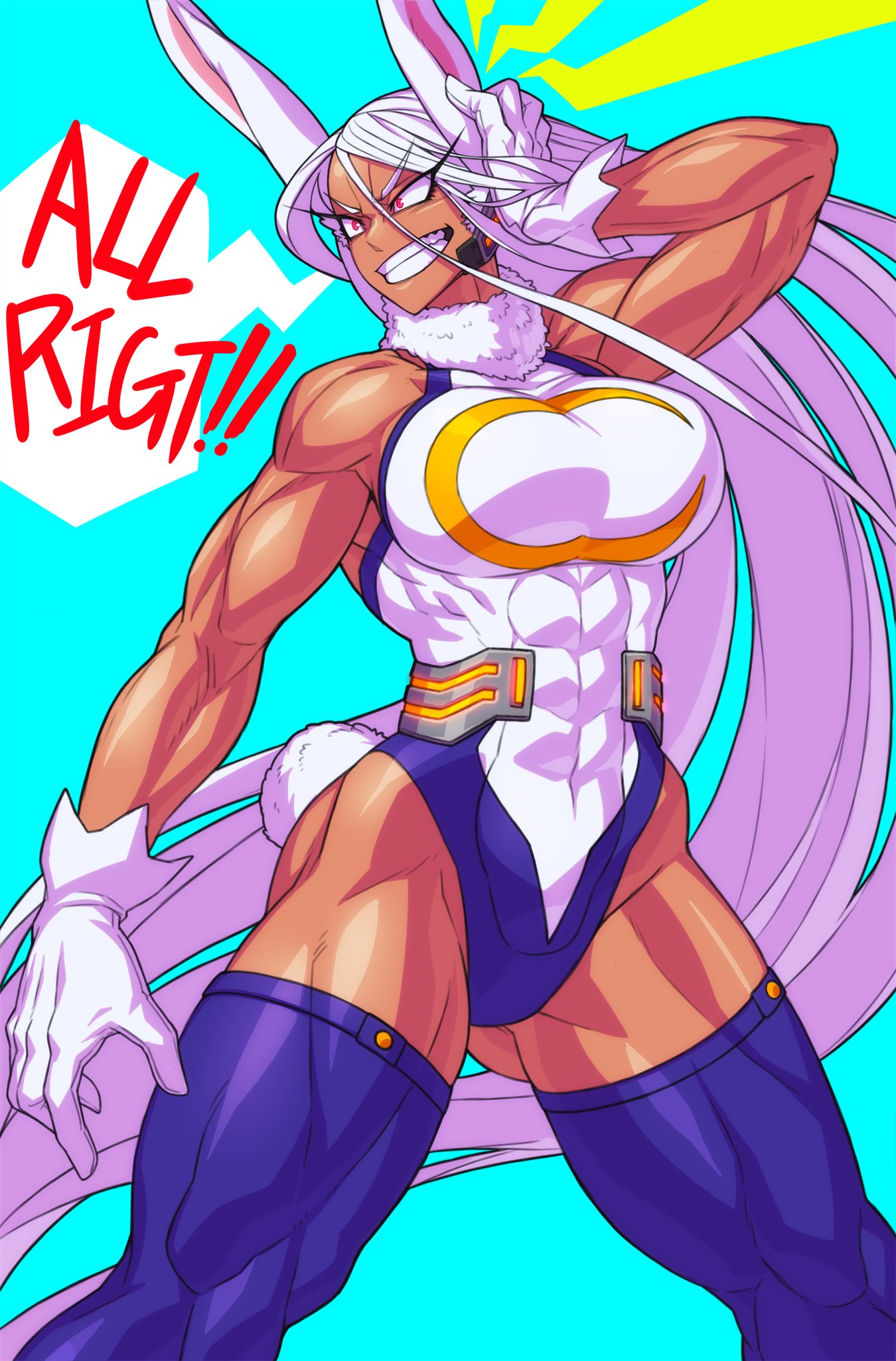 !! 1girl abs animal_ears bare_shoulders blue_background blue_legwear boku_no_hero_academia breasts bunny_girl bunny_tail english_text eyebrows_visible_through_hair eyes_visible_through_hair gloves highres hutago large_breasts leotard long_hair mirko muscle muscular_female rabbit_ears red_eyes simple_background sleeveless solo tail teeth thick_thighs thigh-highs thighs very_long_hair white_gloves white_hair white_leotard