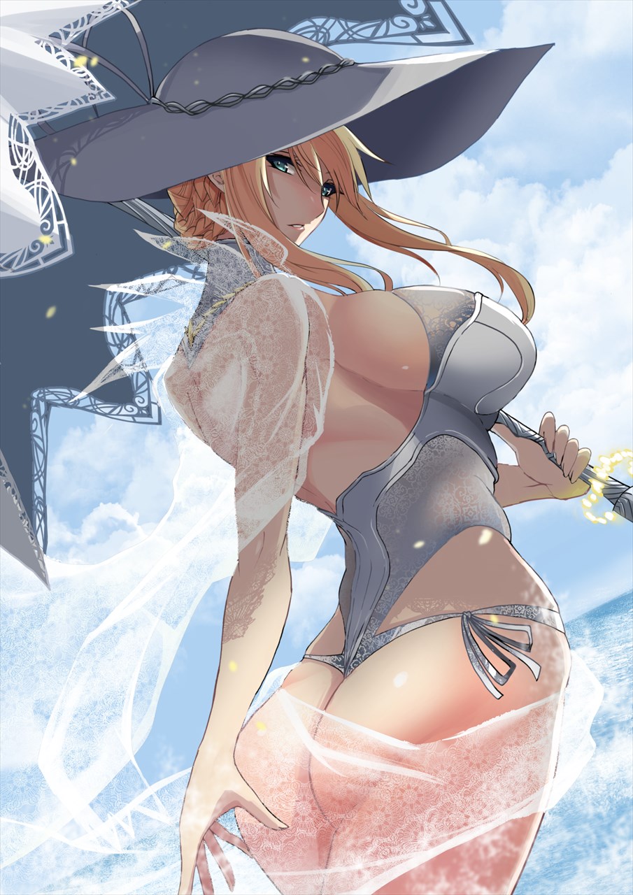 1girl artoria_pendragon_(all) artoria_pendragon_(swimsuit_ruler)_(fate) ass back bangs bare_shoulders blonde_hair blue_sky braid breasts fate/grand_order fate_(series) french_braid green_eyes hat highleg highleg_swimsuit highres kawabata_yoshiro large_breasts long_hair looking_at_viewer looking_back one-piece_swimsuit parasol parted_lips sheer_clothes sidelocks sky sun_hat swimsuit thighs umbrella white_headwear white_swimsuit