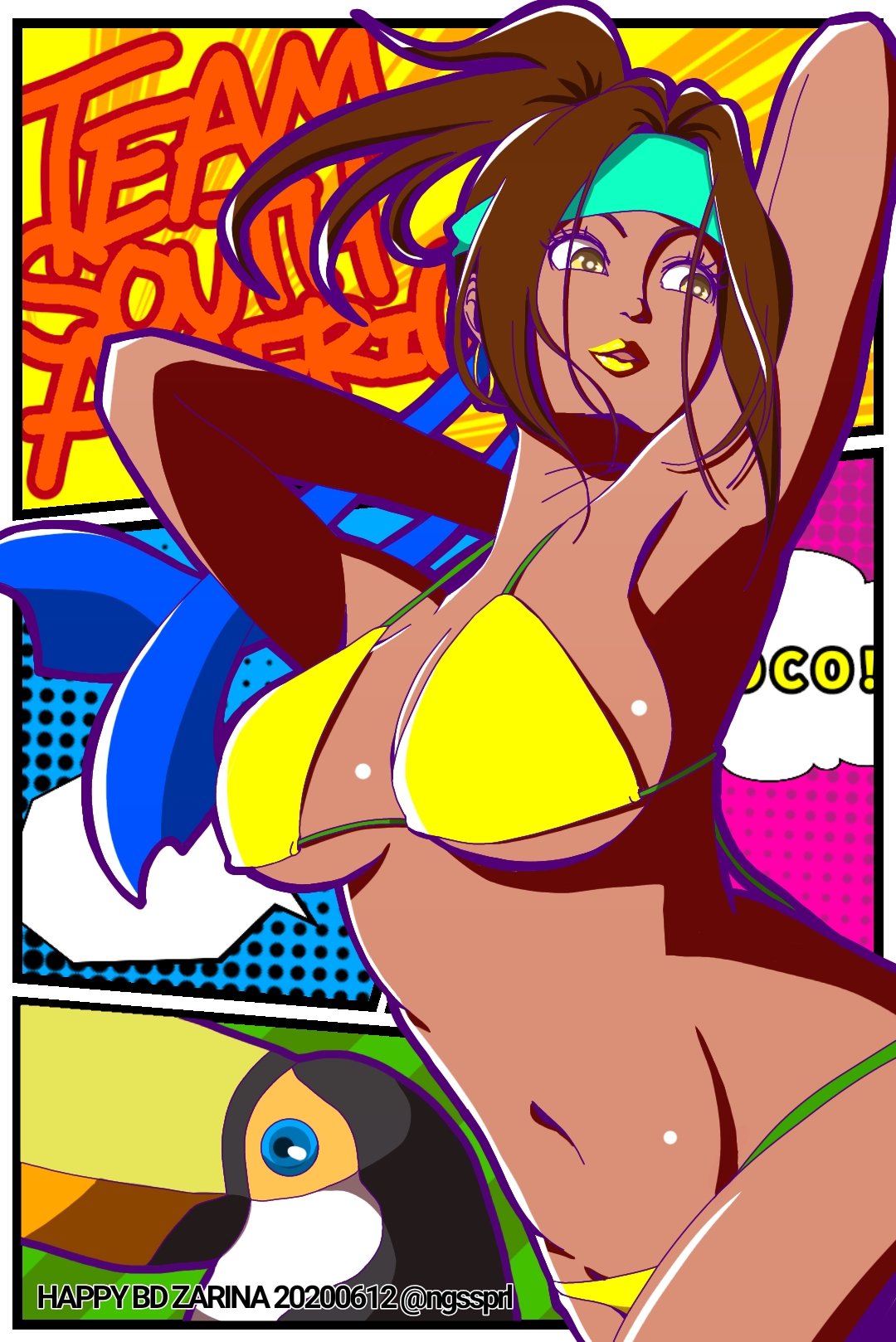 1girl armpits bikini breasts brown_hair coco_(kof) dark_skin highres large_breasts lipstick long_hair makeup navel ngssprl ponytail swimsuit the_king_of_fighters yellow_lipstick zarina