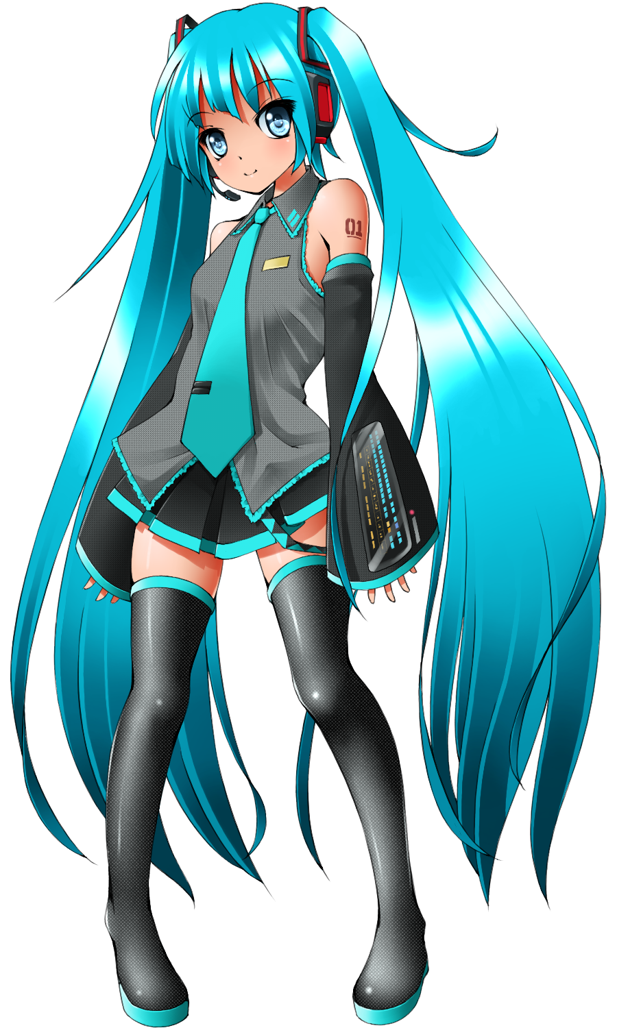 1girl aqua_eyes aqua_hair bangs black_legwear boots breasts detached_sleeves dr_rex eyebrows_visible_through_hair full_body hatsune_miku headset highres long_hair looking_at_viewer necktie small_breasts solo standing tattoo thigh-highs thigh_boots twintails very_long_hair vocaloid vocaloid_boxart_pose white_background