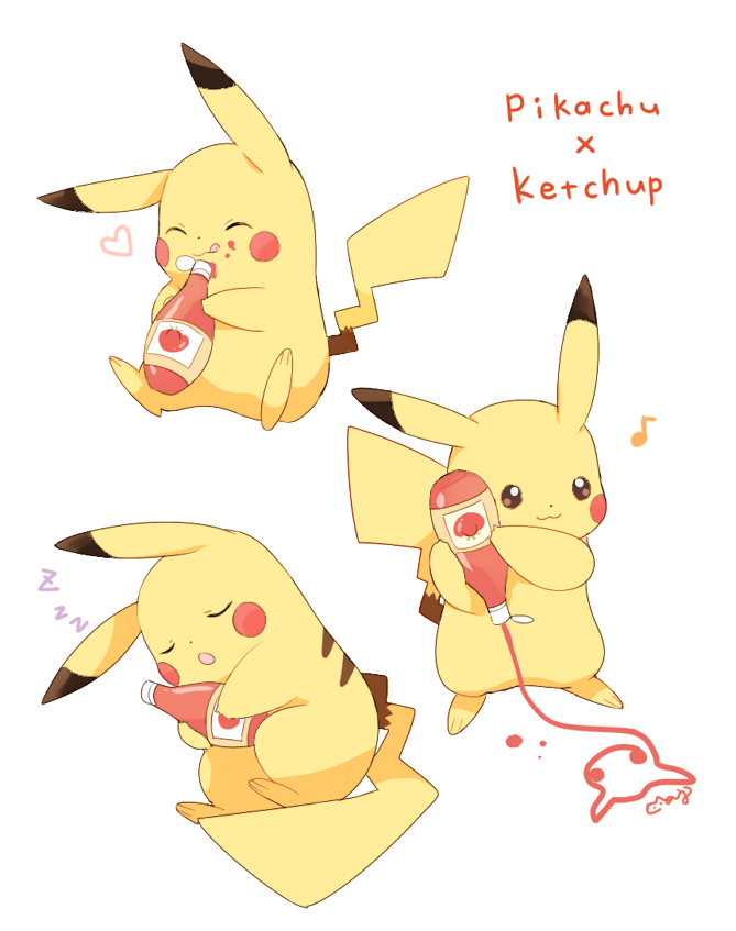 :3 bottle character_name commentary_request drawing food food_on_face gen_1_pokemon holding holding_bottle ketchup ketchup_bottle mei_(maysroom) multiple_views musical_note no_humans open_mouth pikachu pokemon pokemon_(creature) signature simple_background sitting sleeping standing tongue tongue_out white_background zzz