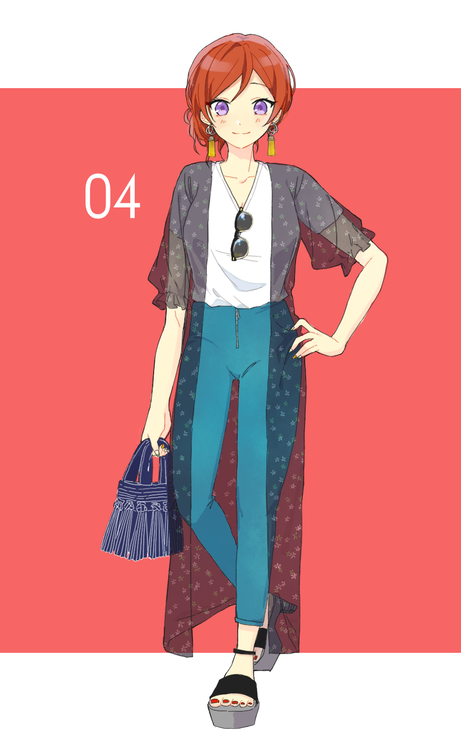 1girl azuma_(no488888) bag blue_pants casual earrings facing_viewer hand_on_hip highres holding holding_bag jewelry looking_at_viewer love_live! love_live!_school_idol_project multicolored multicolored_nails nail_polish nishikino_maki pants platform_footwear red_background red_nails redhead sandals shirt short_sleeves smile solo violet_eyes white_shirt