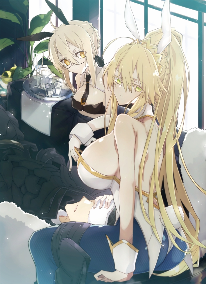 1boy 2girls agravain_(fate/grand_order) ahoge animal_ears armor artoria_pendragon_(all) artoria_pendragon_(swimsuit_ruler)_(fate) ass back bangs bare_shoulders black_armor black_hair black_leotard black_neckwear black_ribbon blonde_hair blue_legwear braid breasts bunnysuit closed_mouth cover cover_page cup detached_collar doujin_cover drinking_glass fate/grand_order fate_(series) feather_boa fishnet_legwear fishnets french_braid glasses green_eyes hair_between_eyes hair_ribbon highleg highleg_leotard large_breasts leotard long_hair looking_at_viewer medium_breasts multiple_girls mysterious_heroine_x_(alter) nogi_(acclima) ponytail rabbit_ears resting ribbon short_hair sidelocks sitting thighs tiara tray white_leotard window wrist_cuffs yellow_eyes